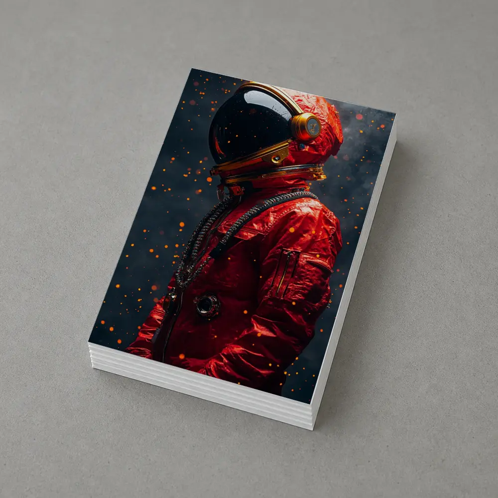 Red Astronaut Suit Dark Space Background – Postcards