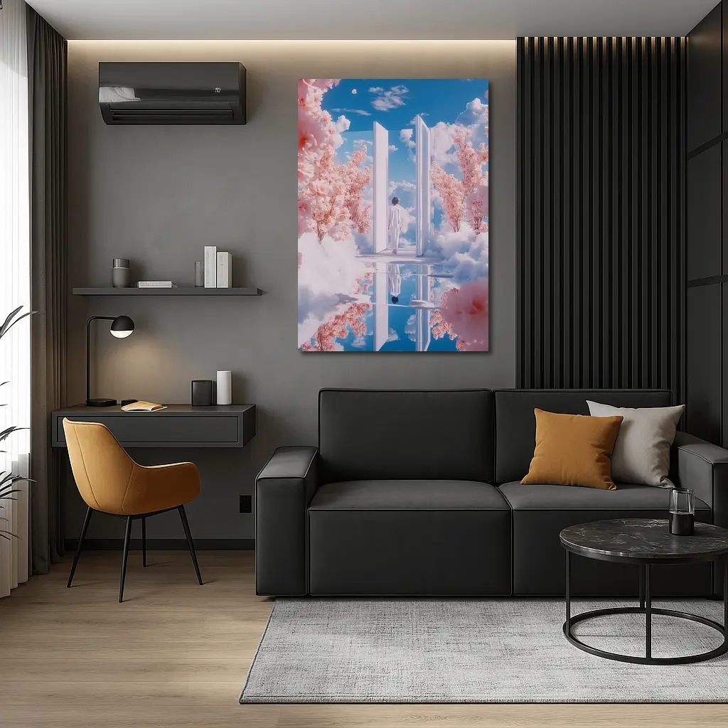 Person Walking Through Door Cherry Blossoms Sky – Wall Art