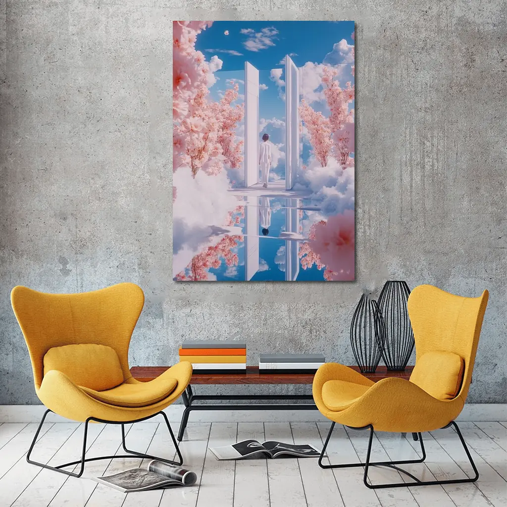 Person Walking Through Door Cherry Blossoms Sky – Wall Art