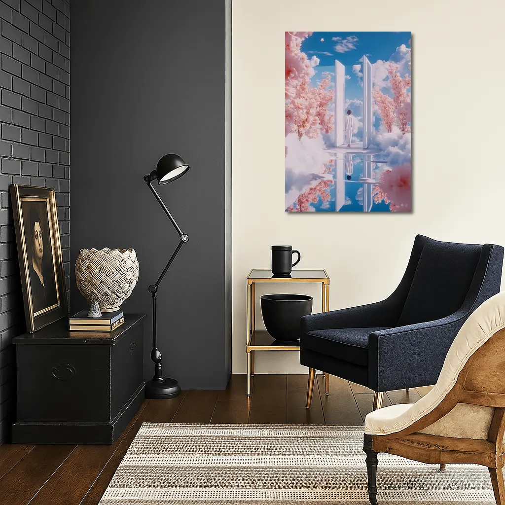 Person Walking Through Door Cherry Blossoms Sky – Wall Art