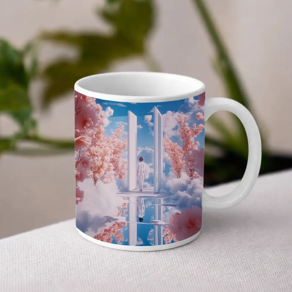 Person Walking Through Door Cherry Blossoms Sky – Mugs