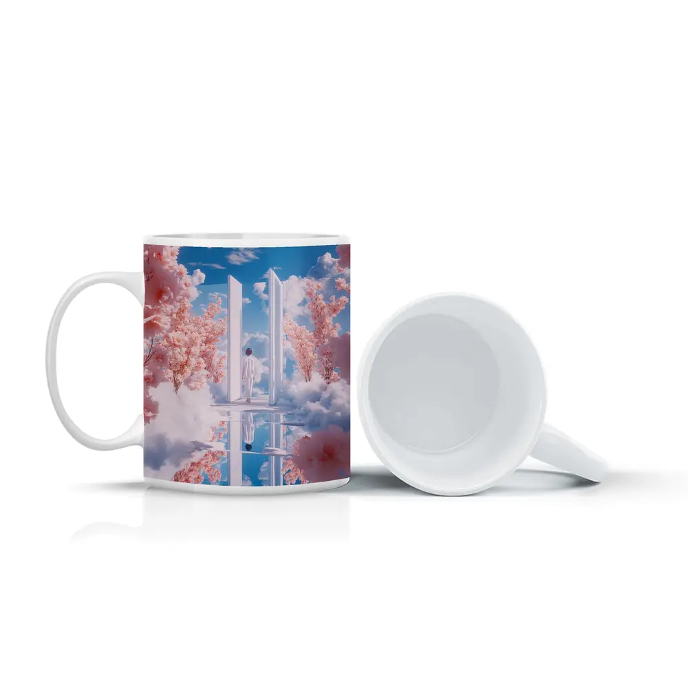 Person Walking Through Door Cherry Blossoms Sky – Mugs