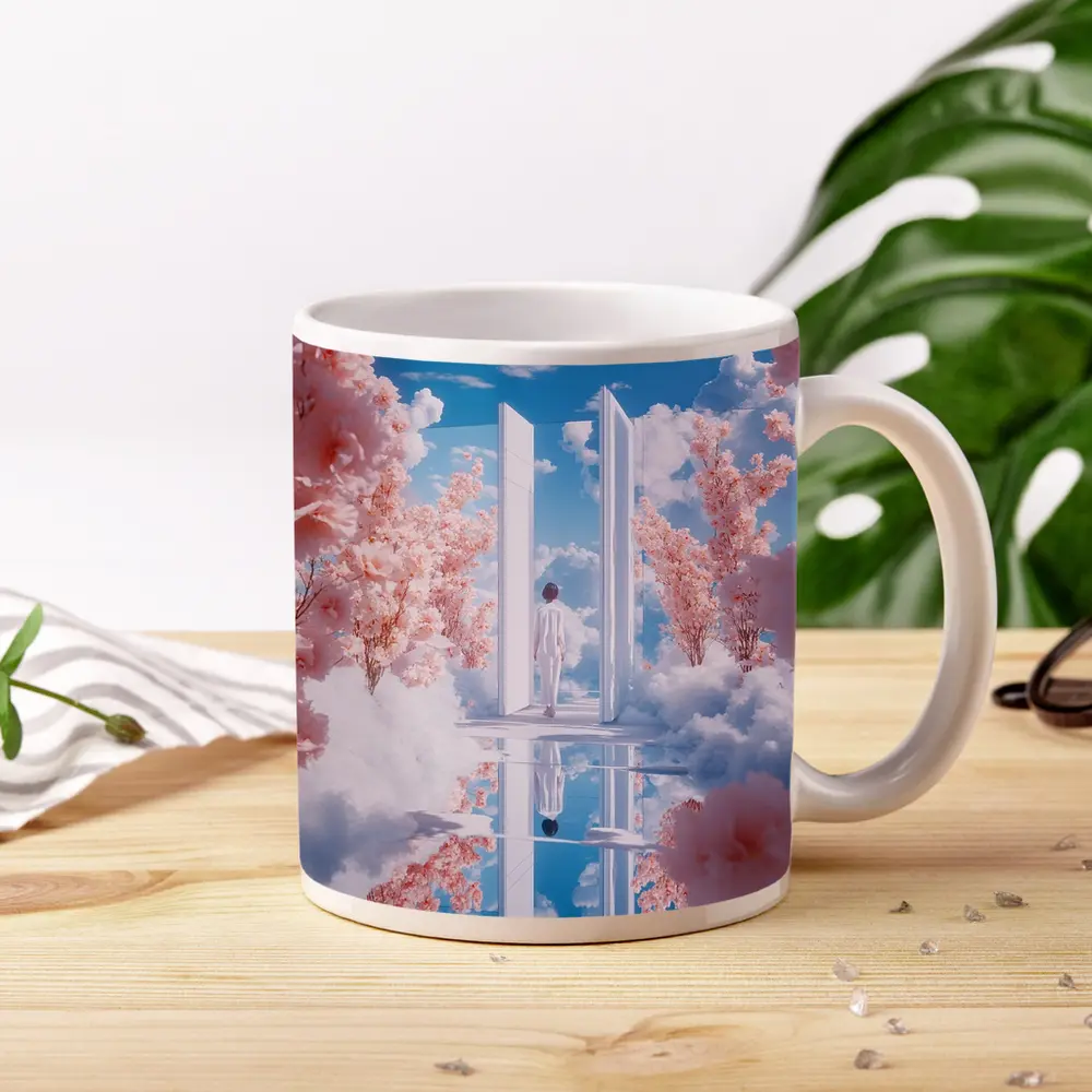 Person Walking Through Door Cherry Blossoms Sky – Mugs
