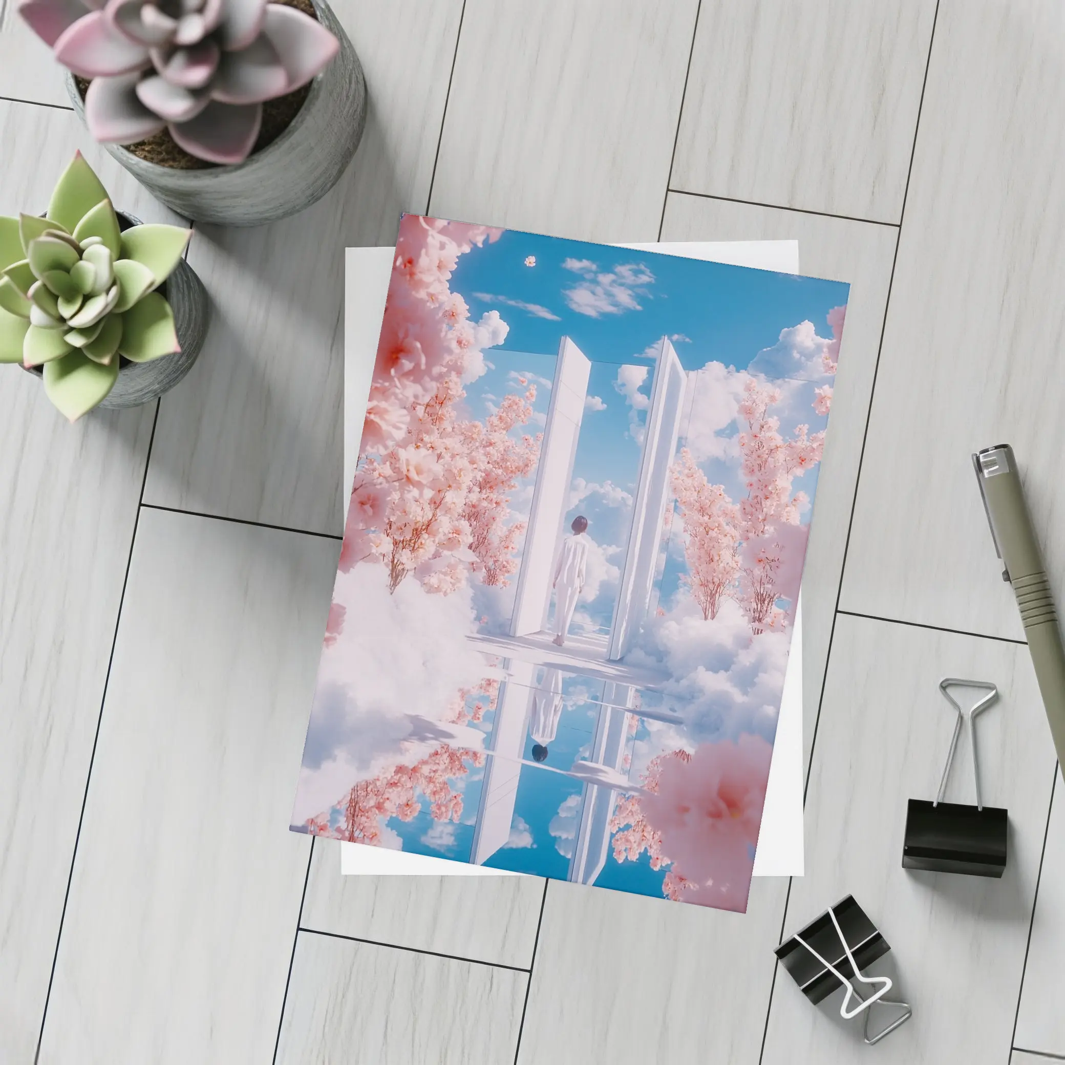 Person Walking Through Door Cherry Blossoms Sky – Postcards