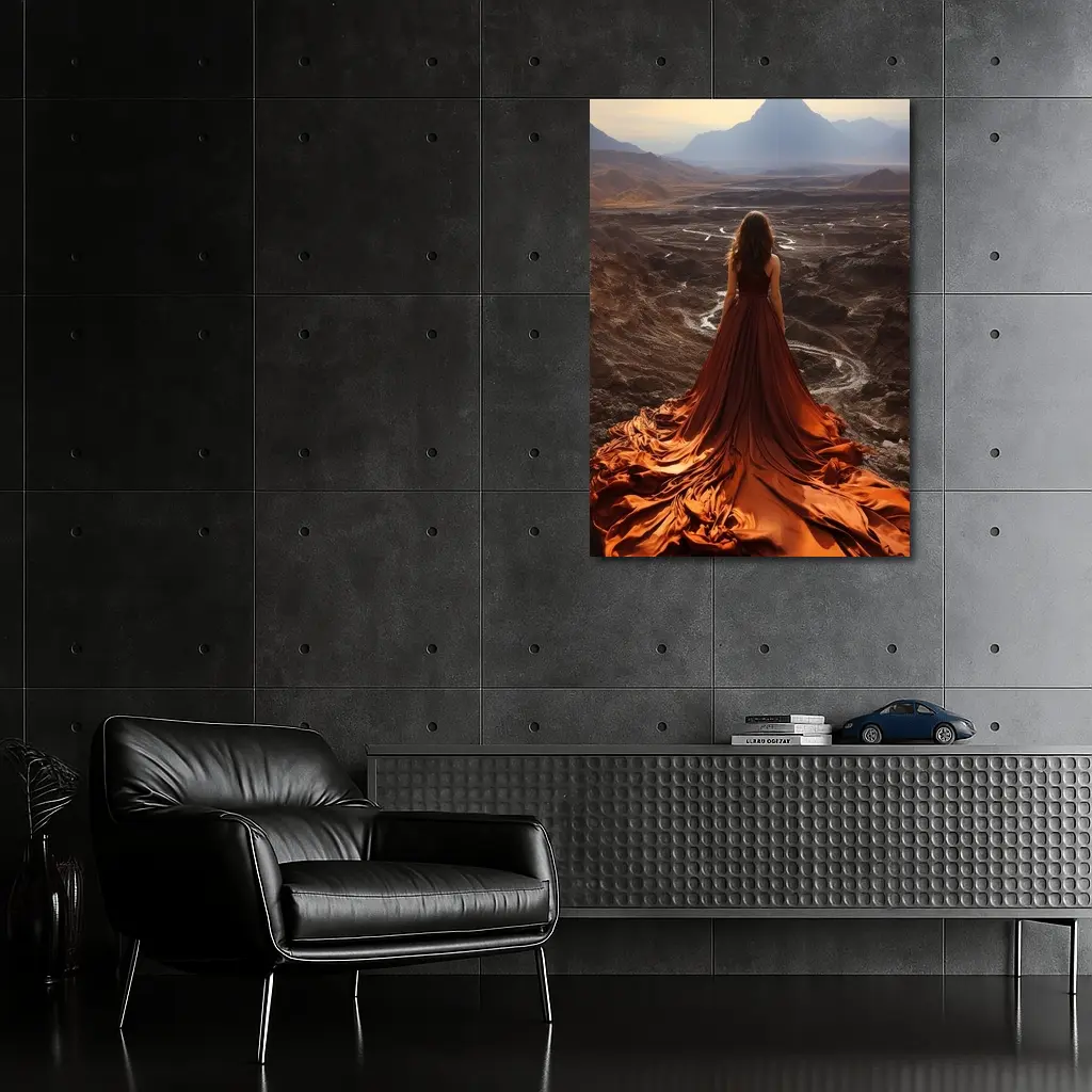 Woman Orange Dress Desert Mountain Landscape – Wall Art