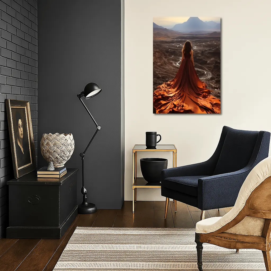 Woman Orange Dress Desert Mountain Landscape – Wall Art