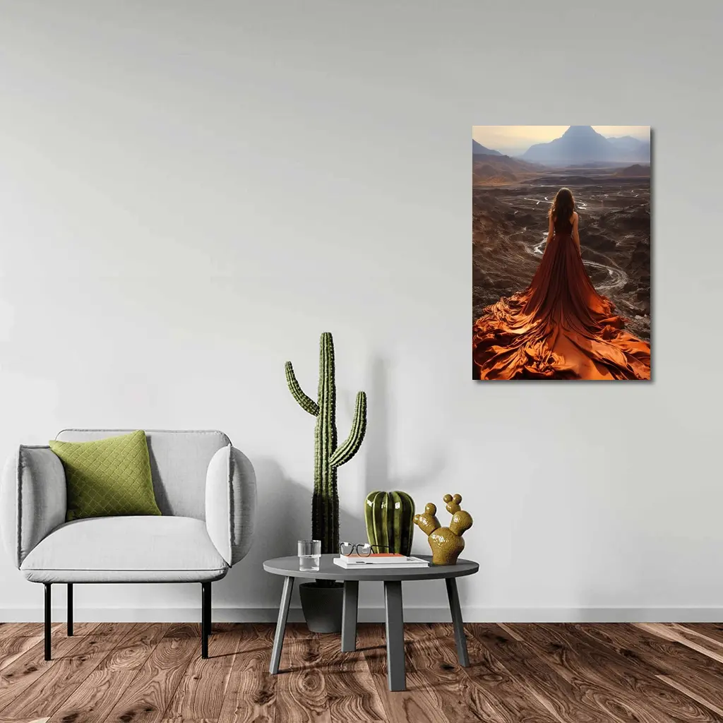 Woman Orange Dress Desert Mountain Landscape – Wall Art