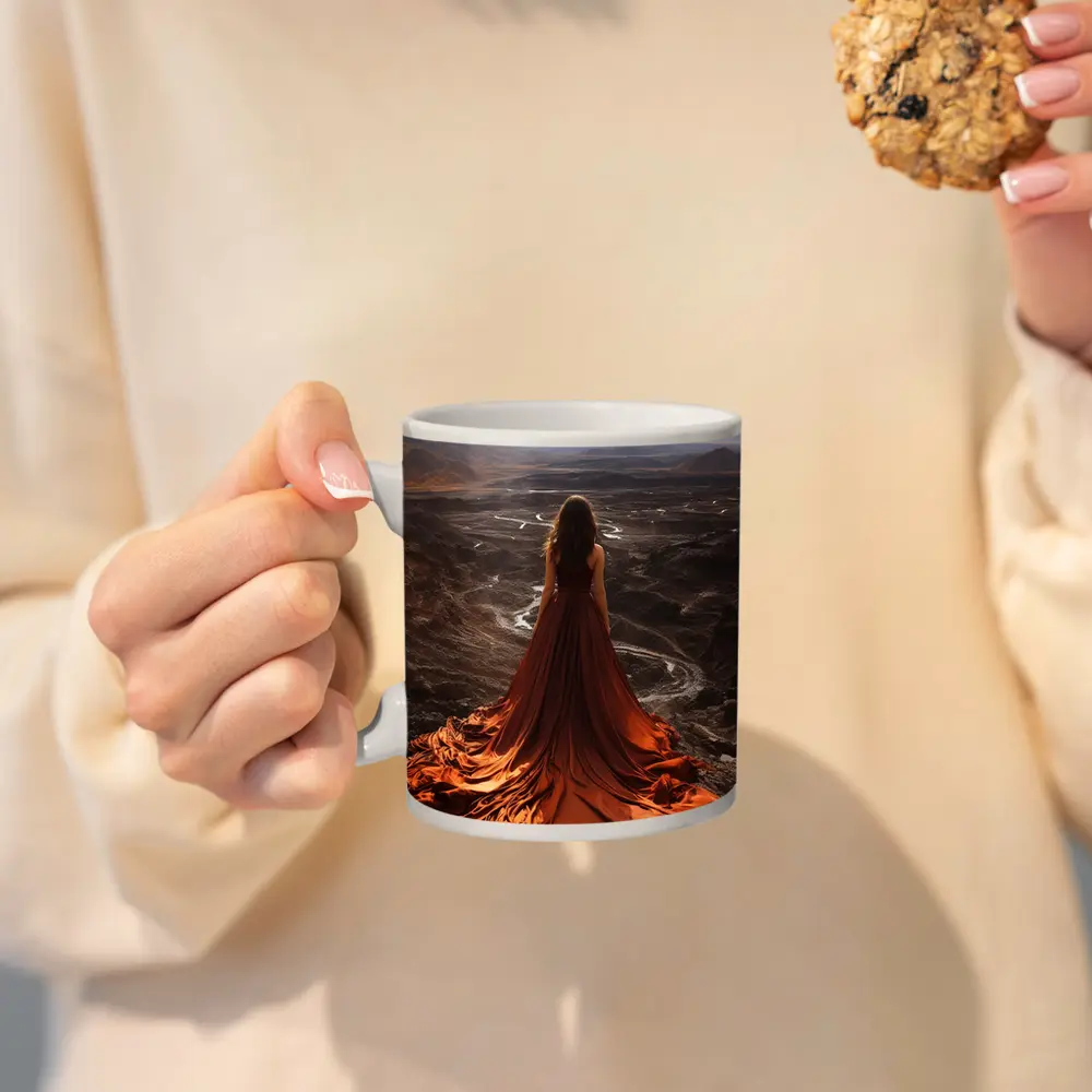 Woman Orange Dress Desert Mountain Landscape – Mugs