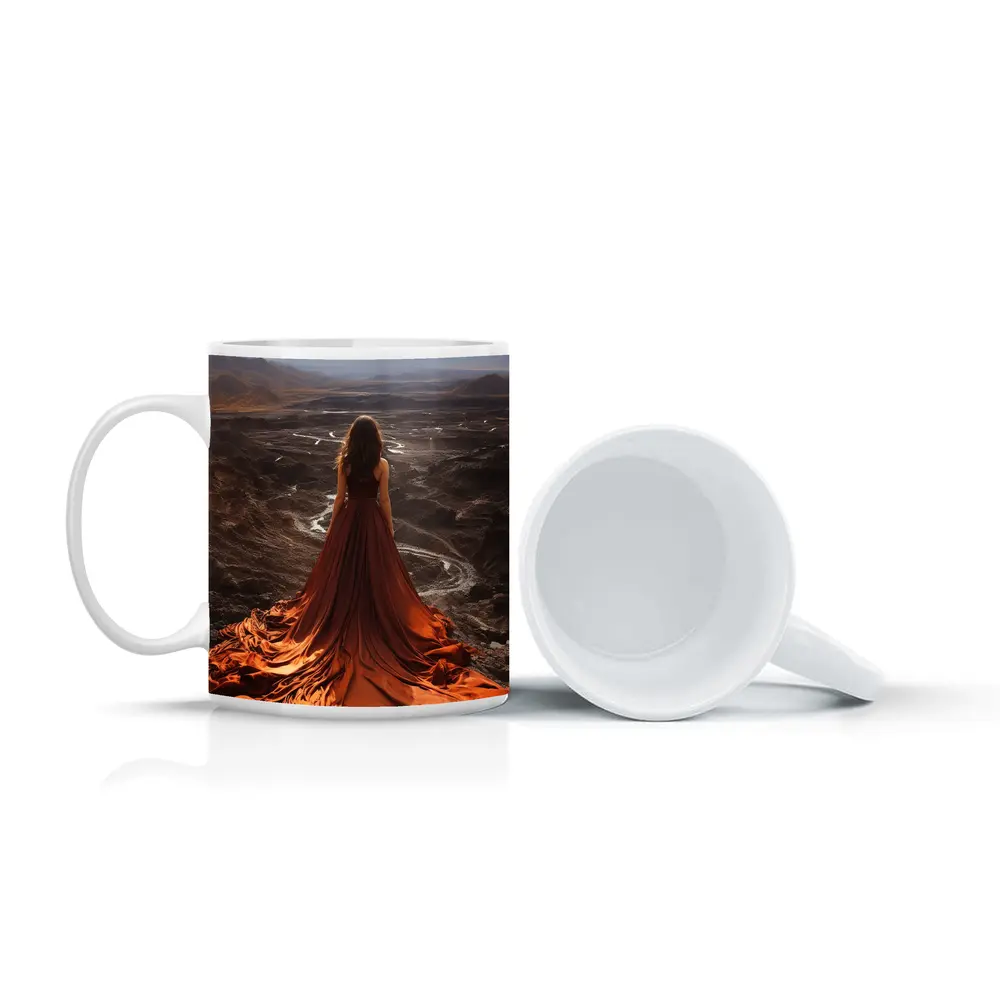 Woman Orange Dress Desert Mountain Landscape – Mugs