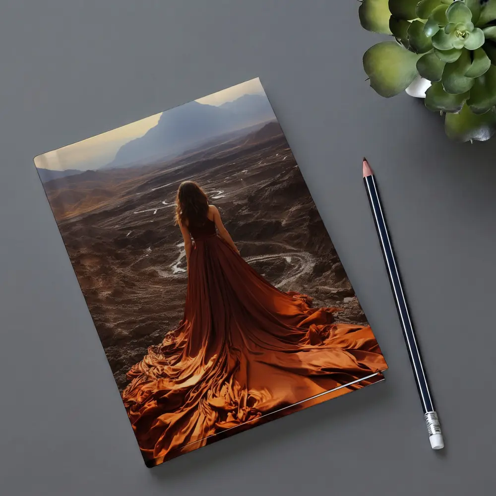 Woman Orange Dress Desert Mountain Landscape – Notebooks