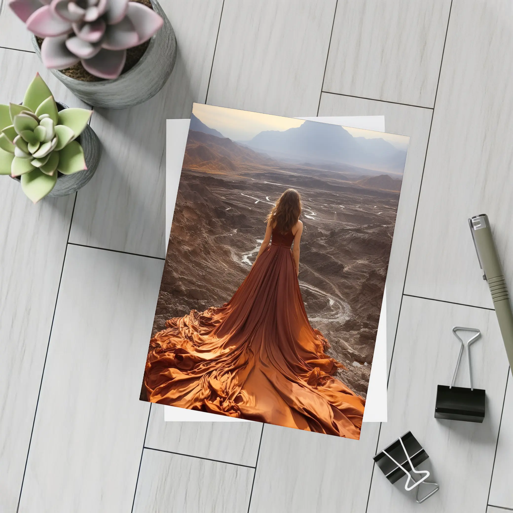 Woman Orange Dress Desert Mountain Landscape – Postcards