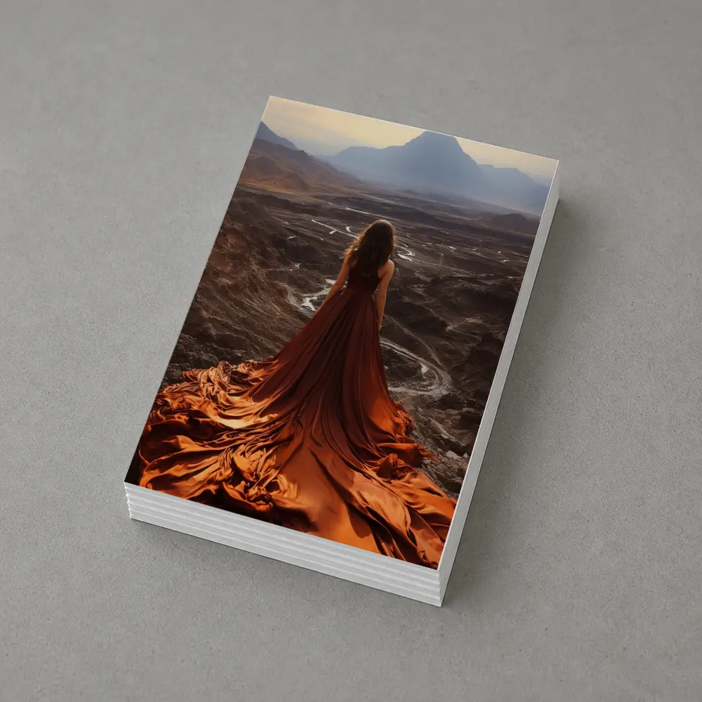 Woman Orange Dress Desert Mountain Landscape – Postcards