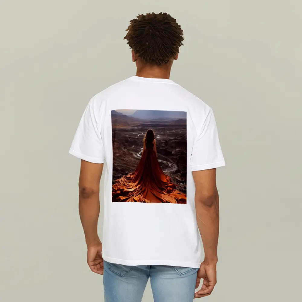 Woman Orange Dress Desert Mountain Landscape – T-Shirts