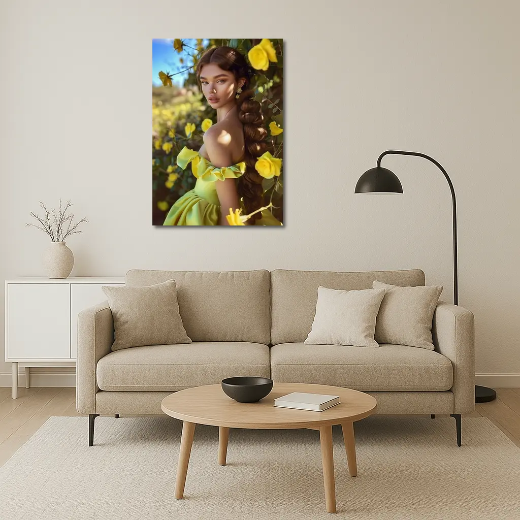 Woman Yellow Roses Garden Off Shoulder Gown – Wall Art