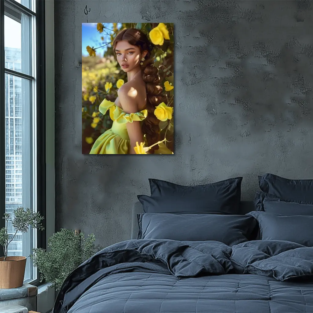 Woman Yellow Roses Garden Off Shoulder Gown – Wall Art
