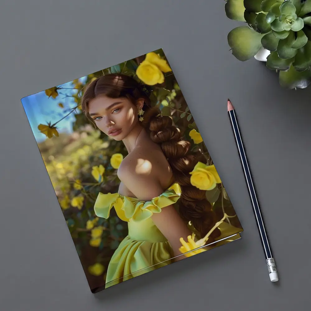 Woman Yellow Roses Garden Off Shoulder Gown – Notebooks