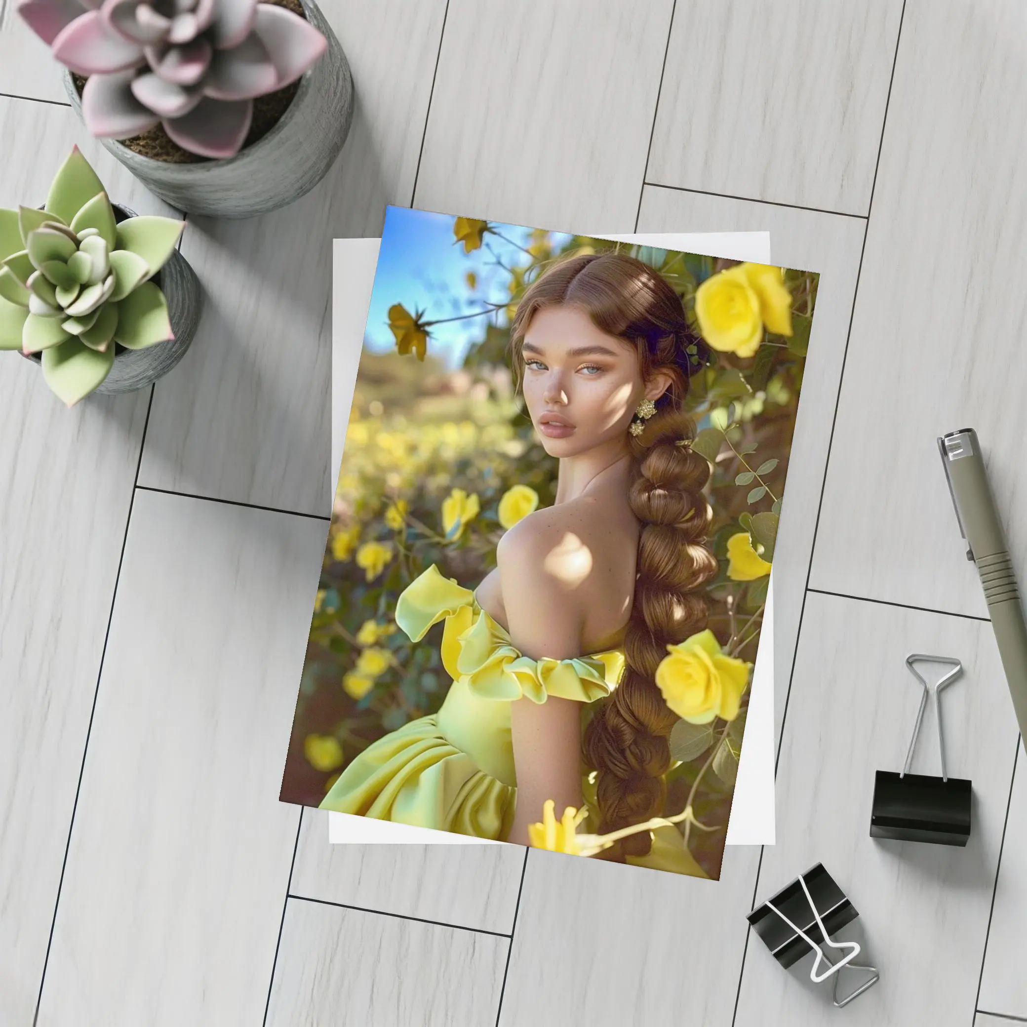 Woman Yellow Roses Garden Off Shoulder Gown – Postcards