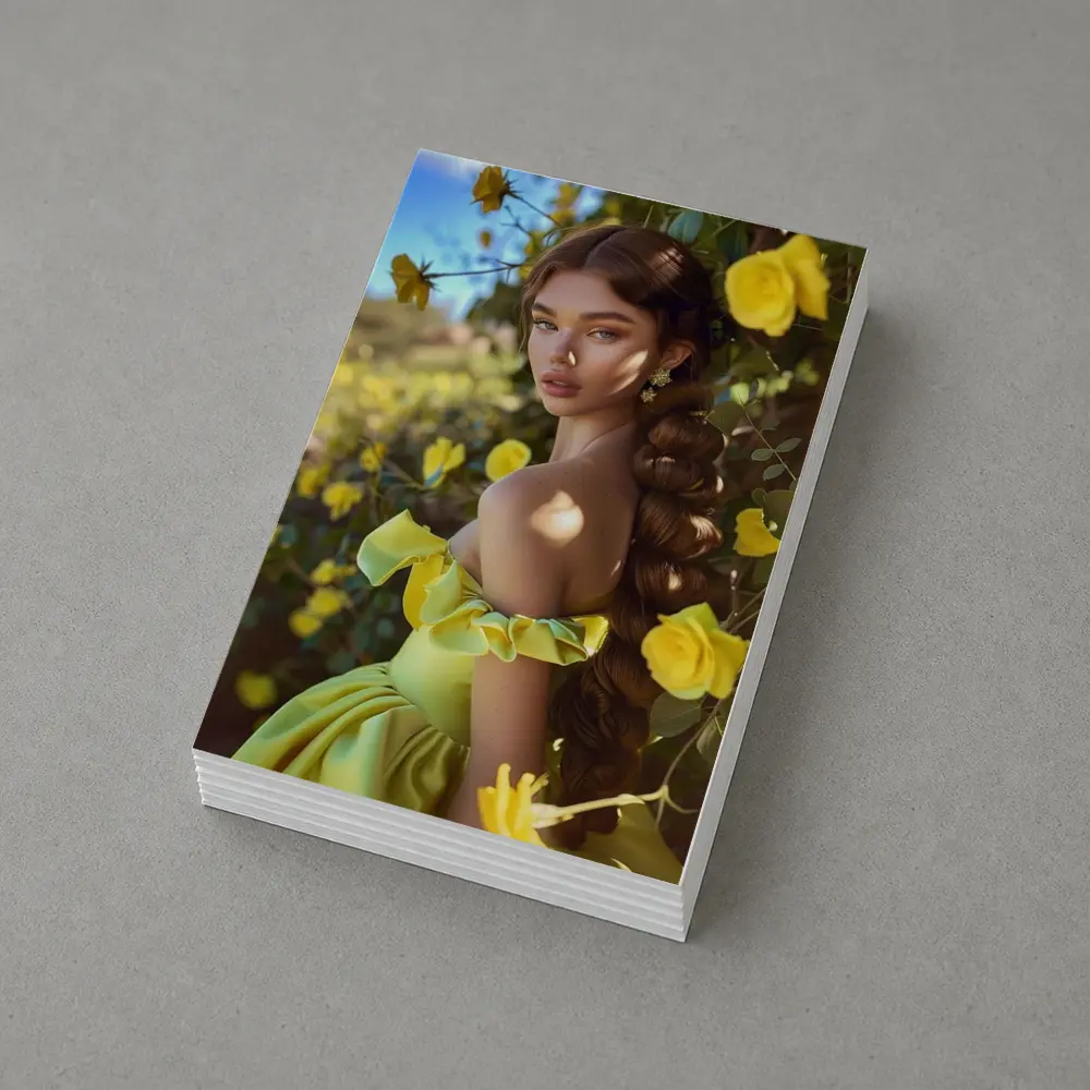 Woman Yellow Roses Garden Off Shoulder Gown – Postcards