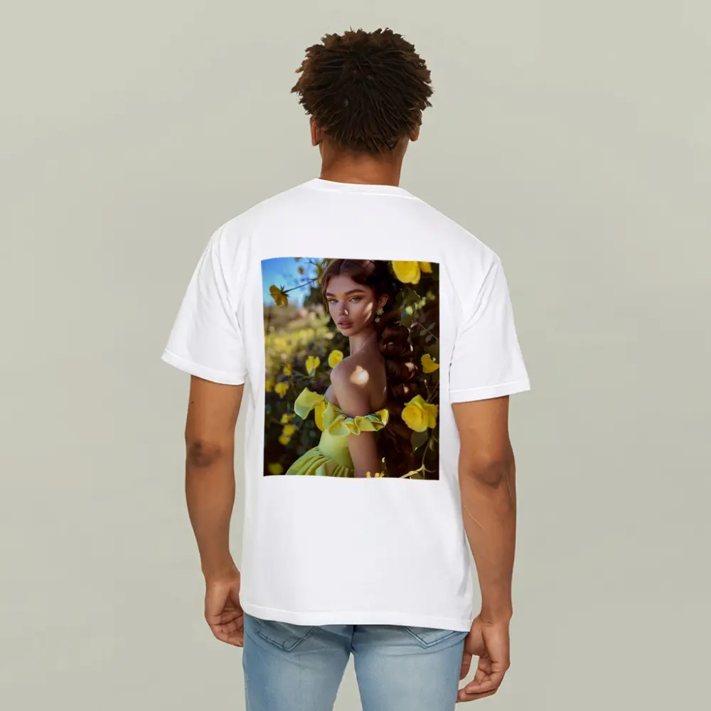 Woman Yellow Roses Garden Off Shoulder Gown – T-Shirts