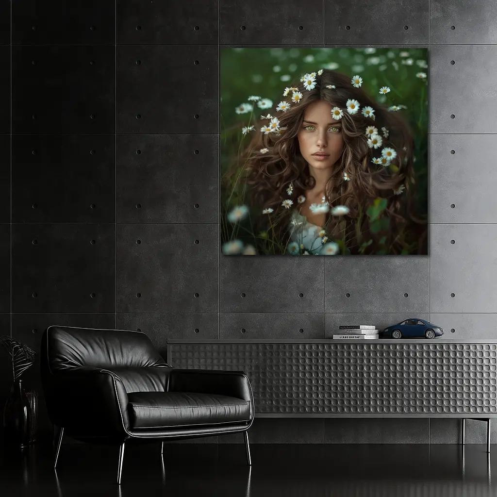 Green Eyed Woman Surrounded By Daisies – Wall Art