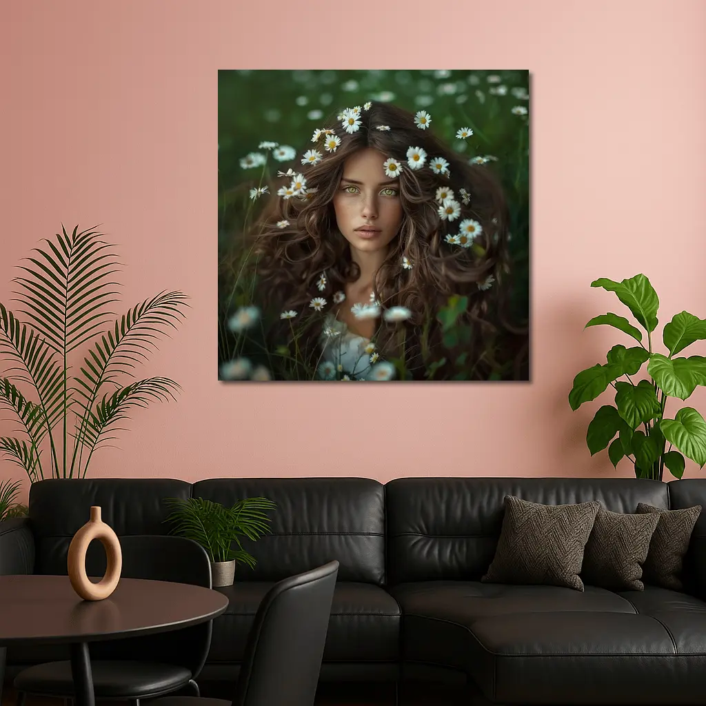 Green Eyed Woman Surrounded By Daisies – Wall Art