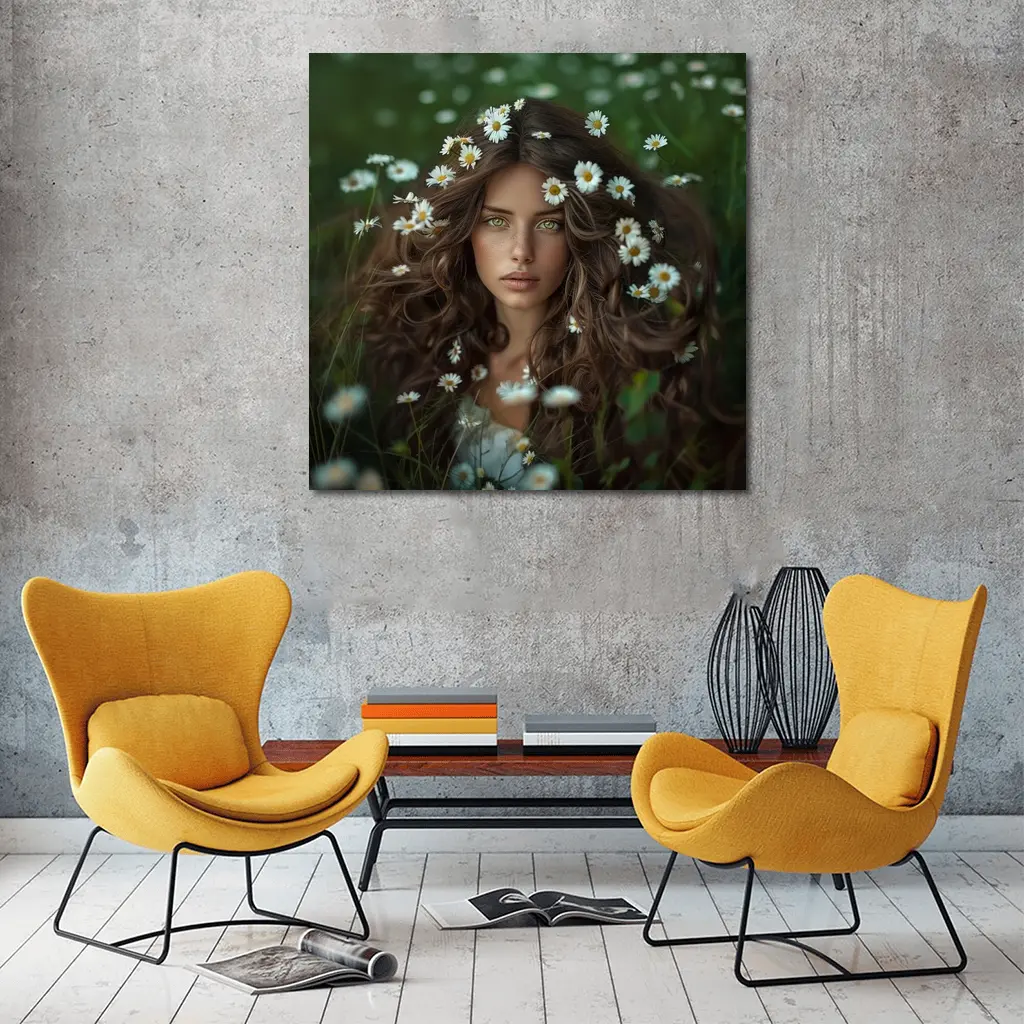 Green Eyed Woman Surrounded By Daisies – Wall Art