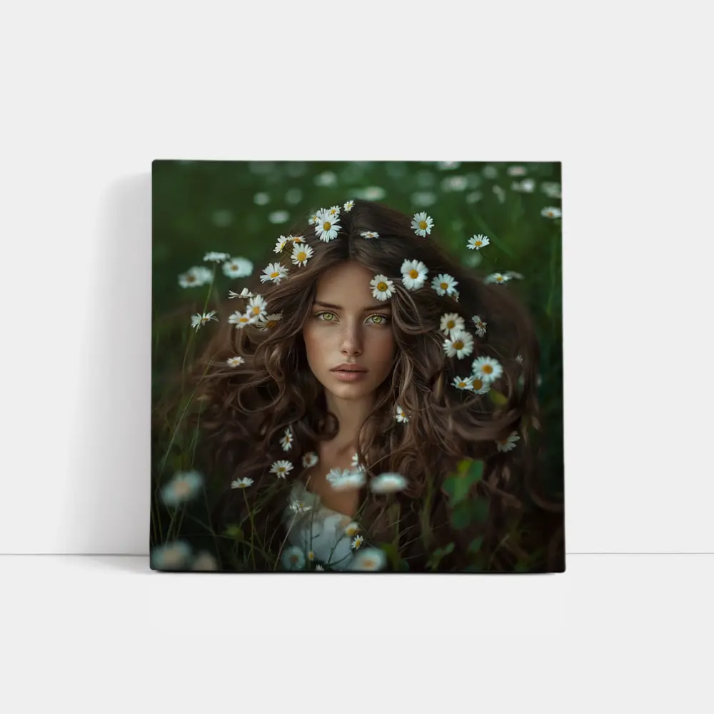 Green Eyed Woman Surrounded By Daisies – Wall Art