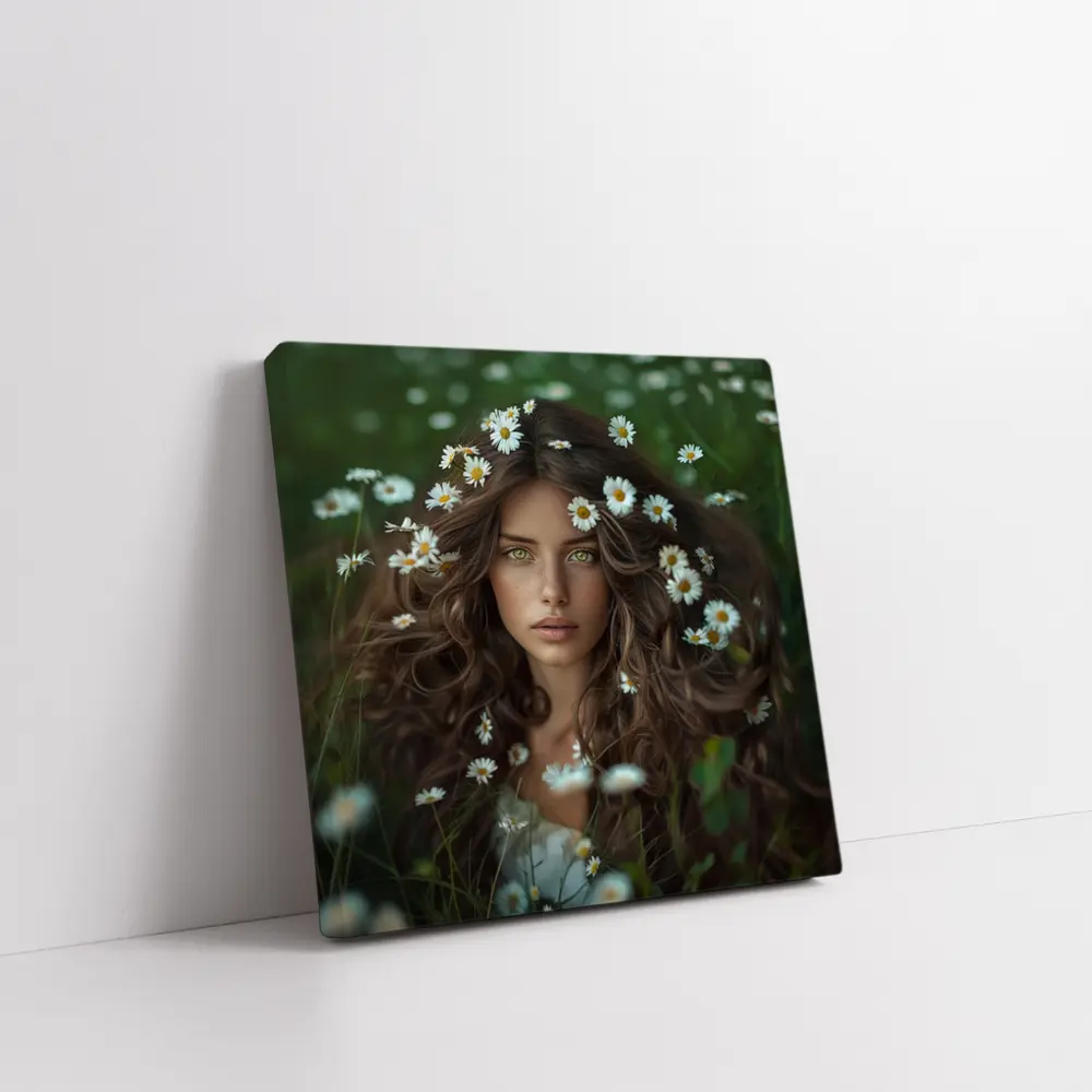 Green Eyed Woman Surrounded By Daisies – Wall Art