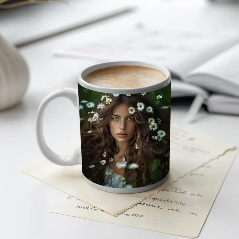 Green Eyed Woman Surrounded By Daisies – Mugs