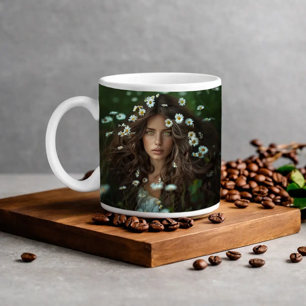 Green Eyed Woman Surrounded By Daisies – Mugs