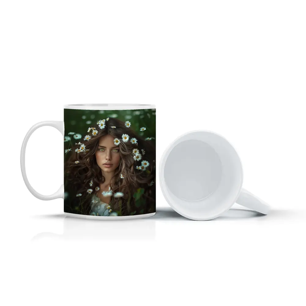 Green Eyed Woman Surrounded By Daisies – Mugs