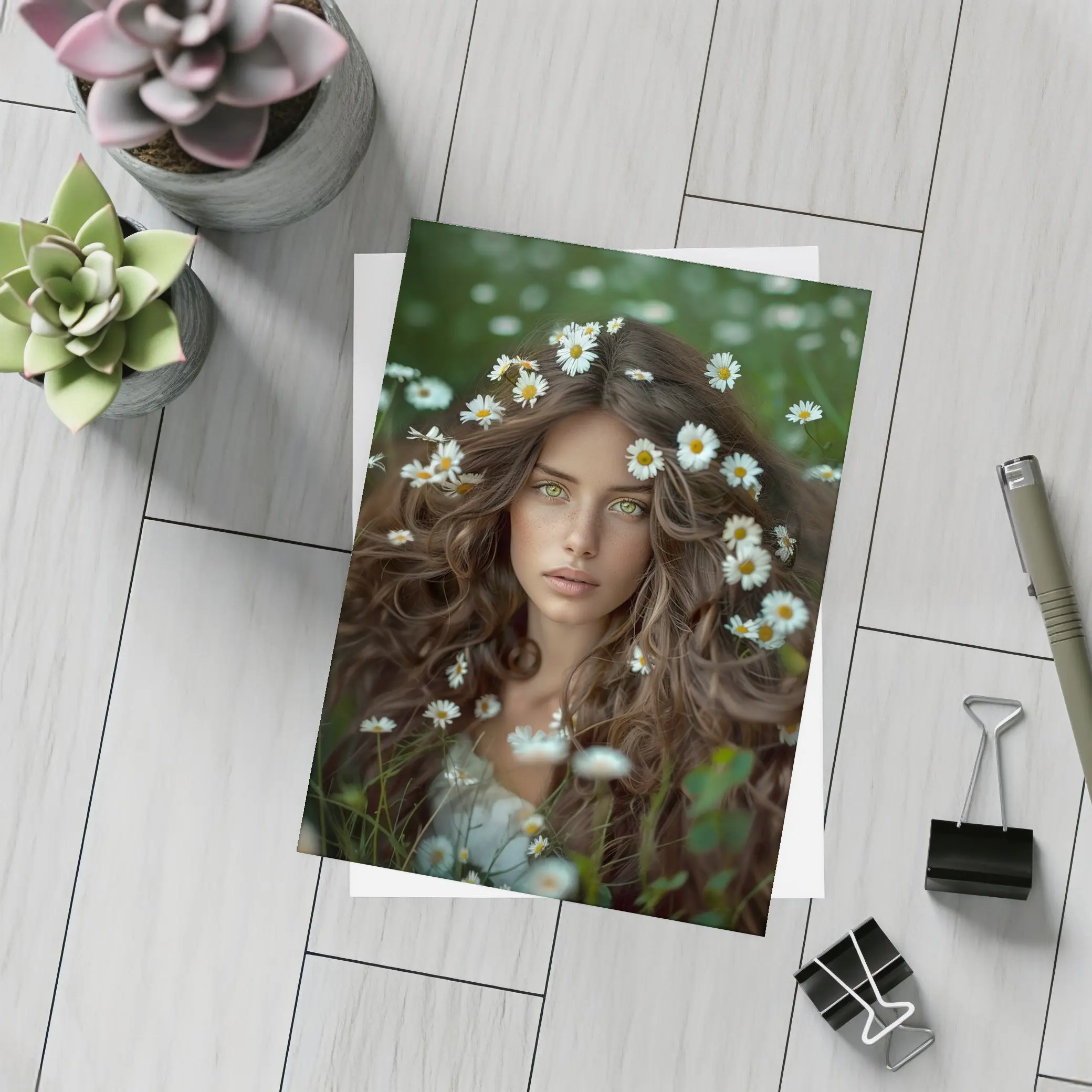 Green Eyed Woman Surrounded By Daisies – Postcards