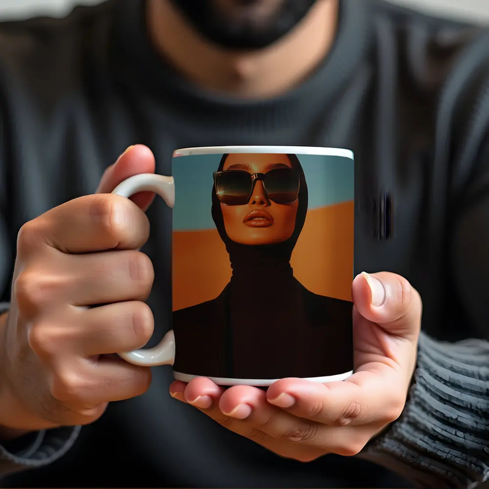 Fashion Woman Black Hijab Desert Landscape – Mugs