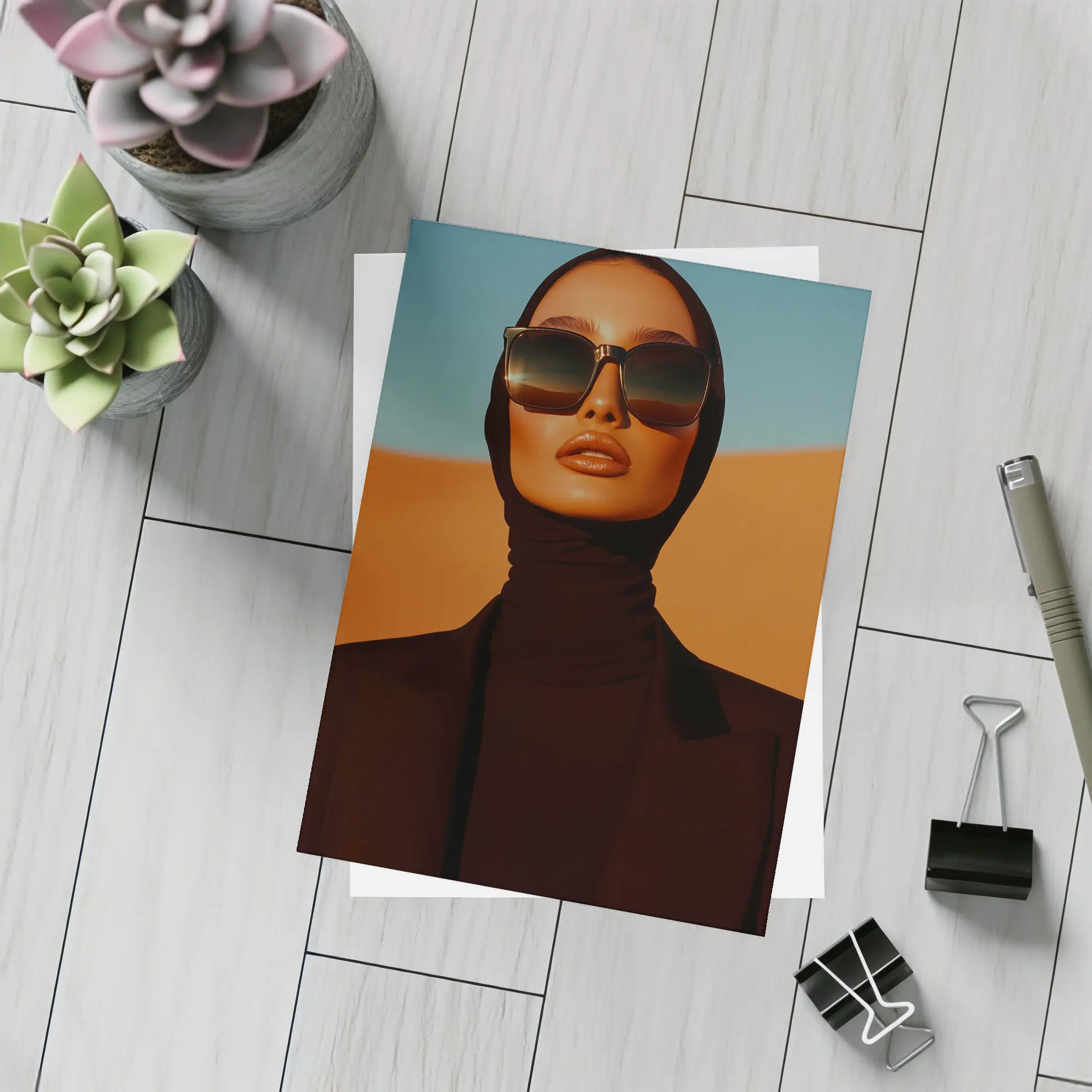 Fashion Woman Black Hijab Desert Landscape – Postcards