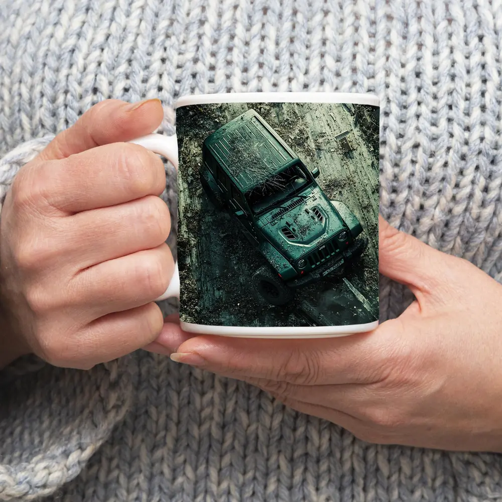 Jeep Wrangler Muddy Off Road Aerial View – Mugs