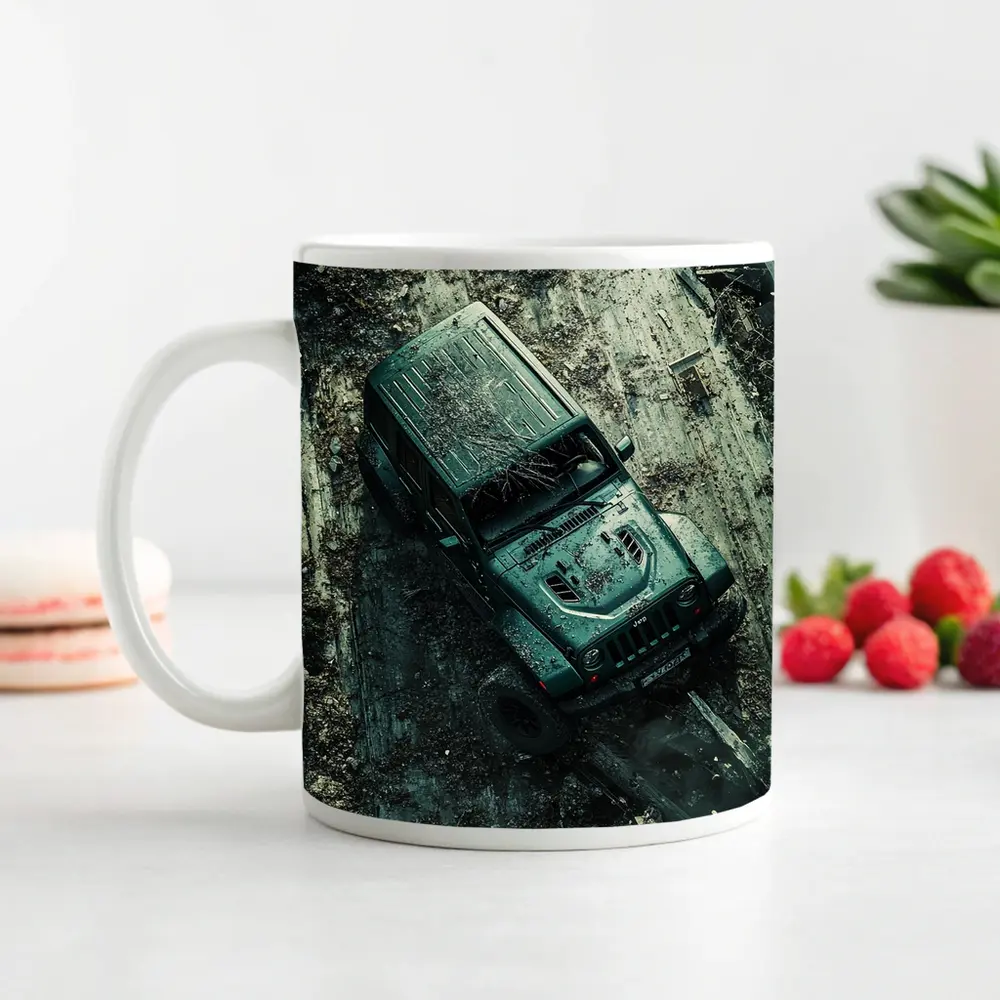 Jeep Wrangler Muddy Off Road Aerial View – Mugs
