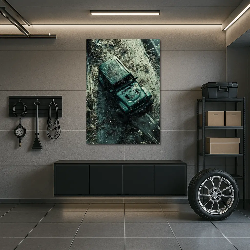 Jeep Wrangler Muddy Off Road Aerial View – Wall Art