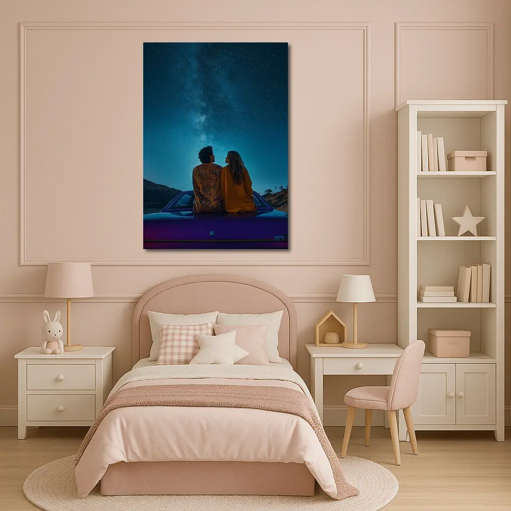 Couple Sitting on Car Under Starry Sky – Wall Art