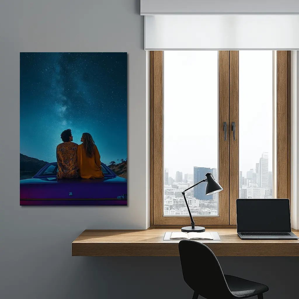 Couple Sitting on Car Under Starry Sky – Wall Art