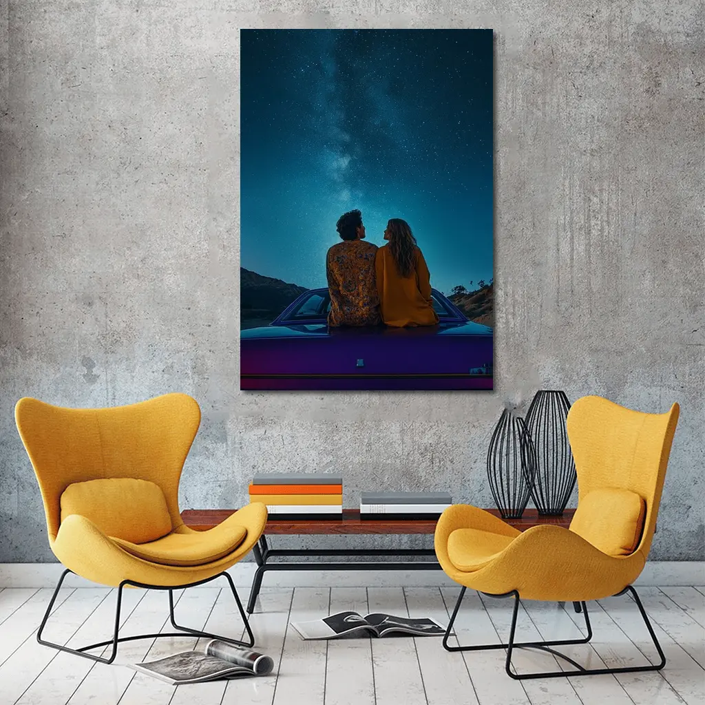 Couple Sitting on Car Under Starry Sky – Wall Art