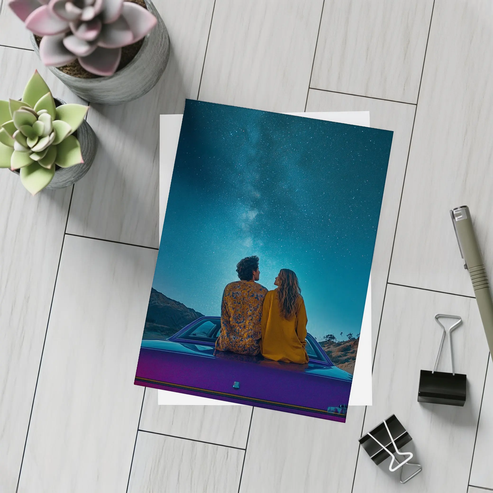 Couple Sitting on Car Under Starry Sky – Postcards