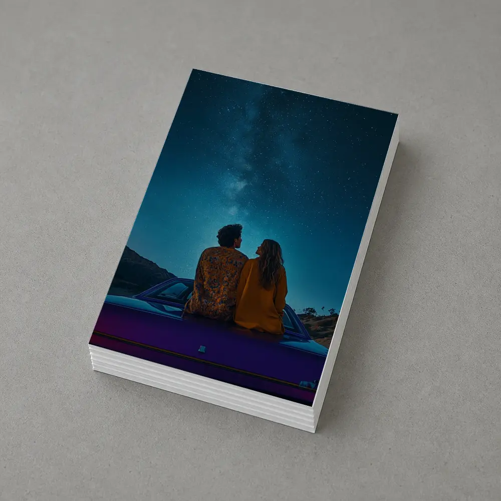 Couple Sitting on Car Under Starry Sky – Postcards