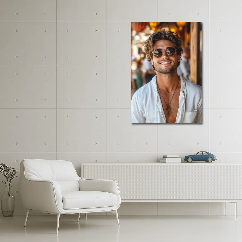 Smiling Man Sunglasses White Shirt Outdoor – Wall Art