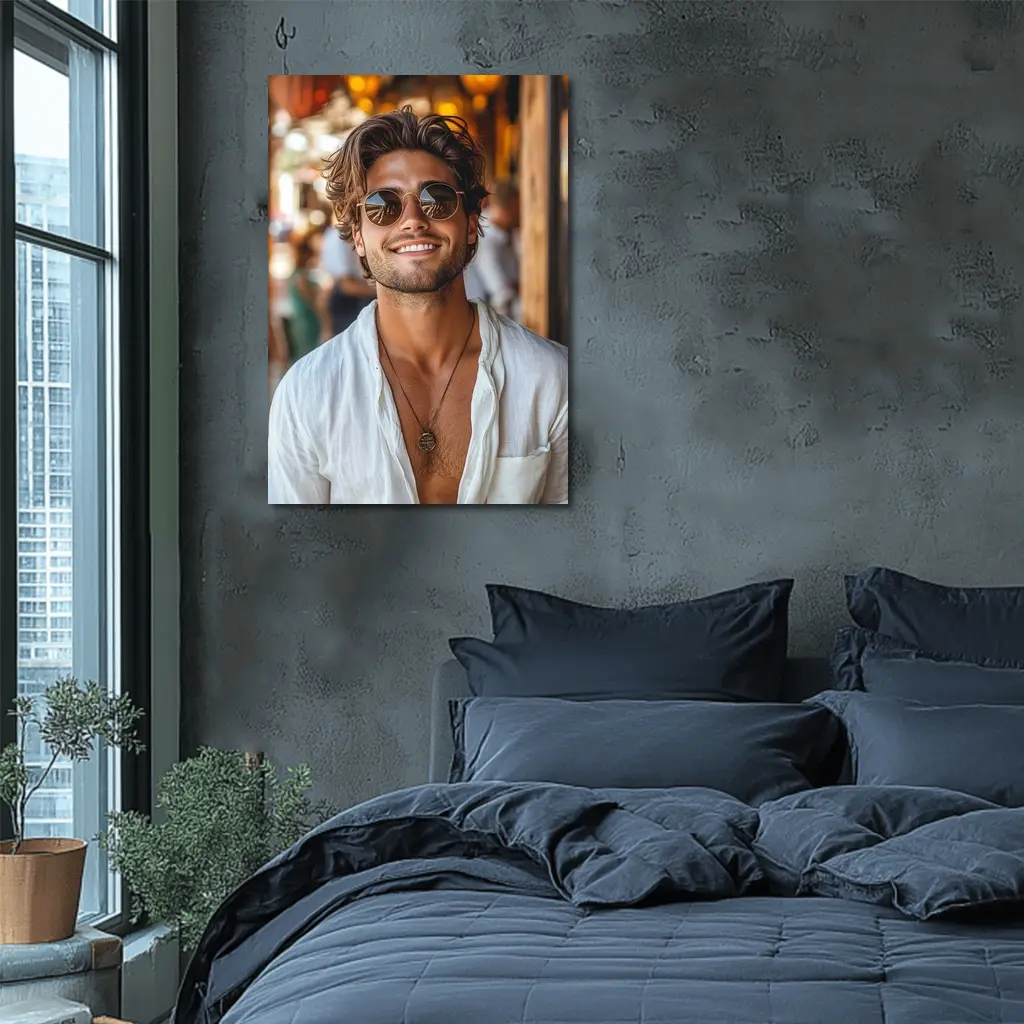 Smiling Man Sunglasses White Shirt Outdoor – Wall Art