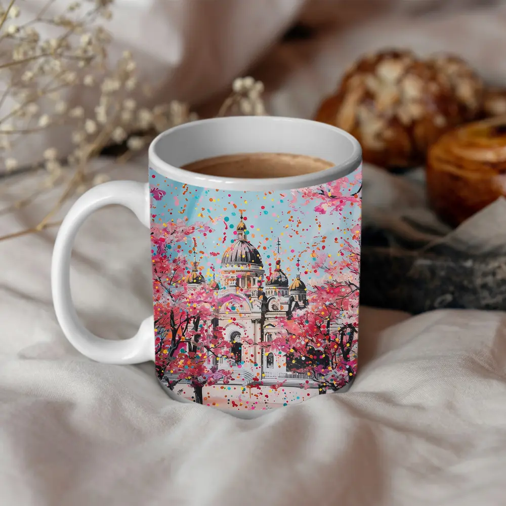 Cathedral Cherry Blossoms Colorful Pop Art – Mugs