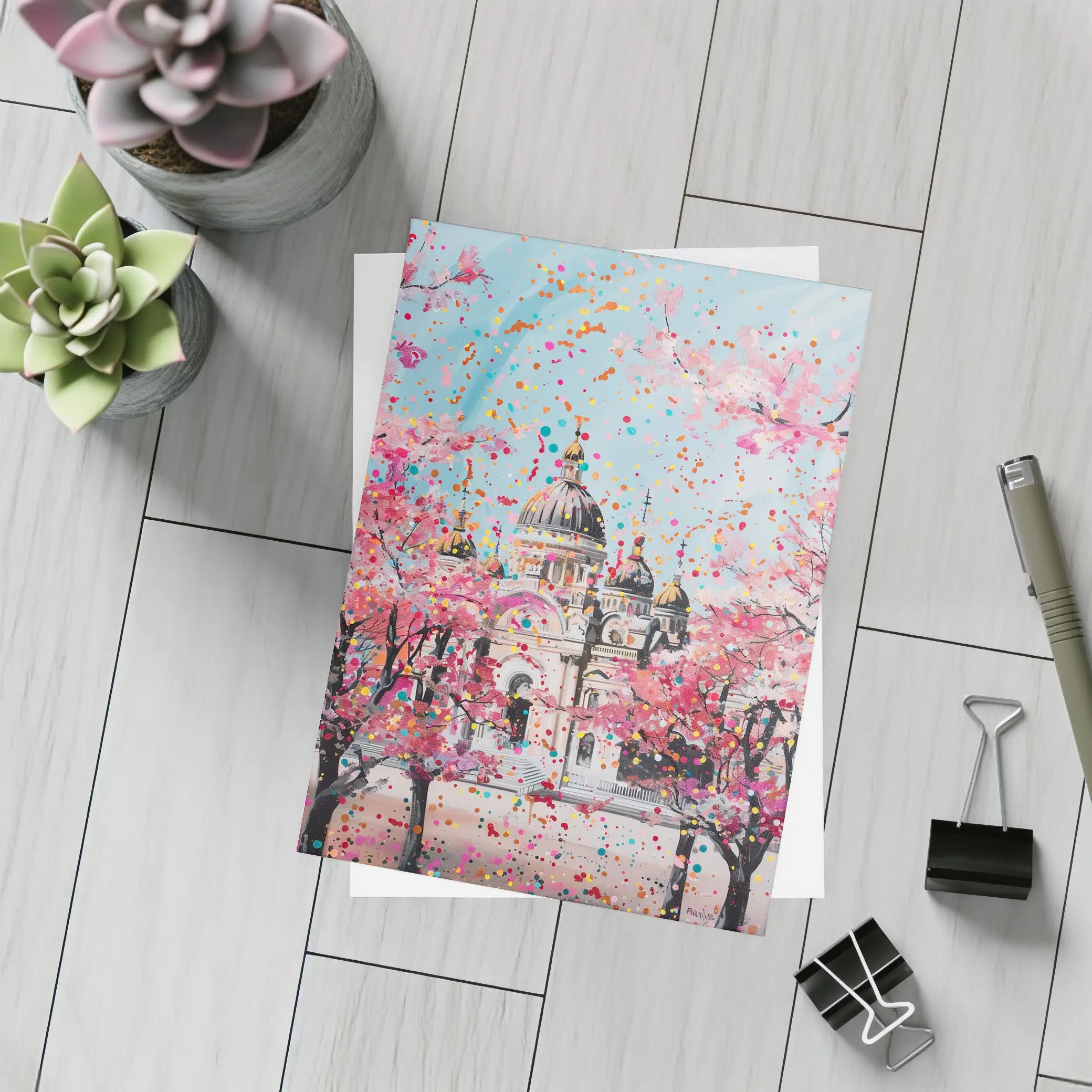 Cathedral Cherry Blossoms Colorful Pop Art – Postcards