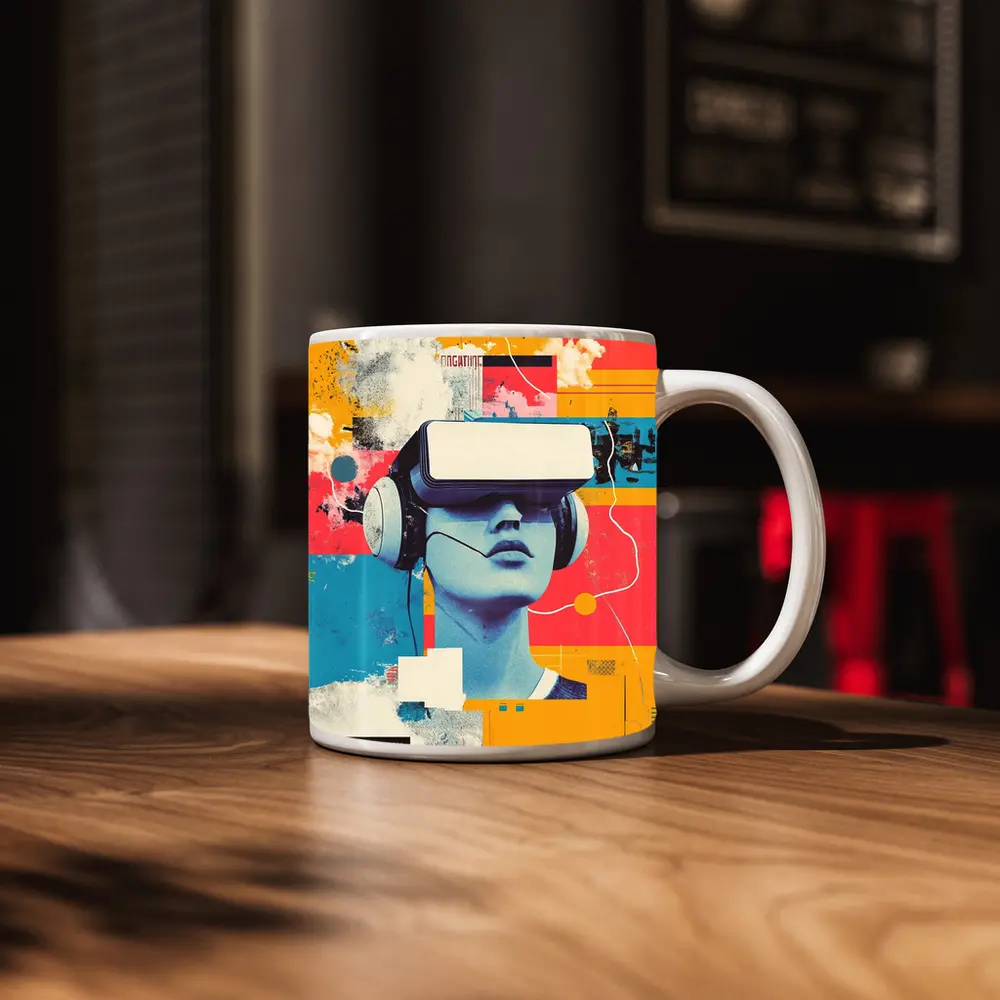 VR Headset Woman Retro Pop Art Collage – Mugs