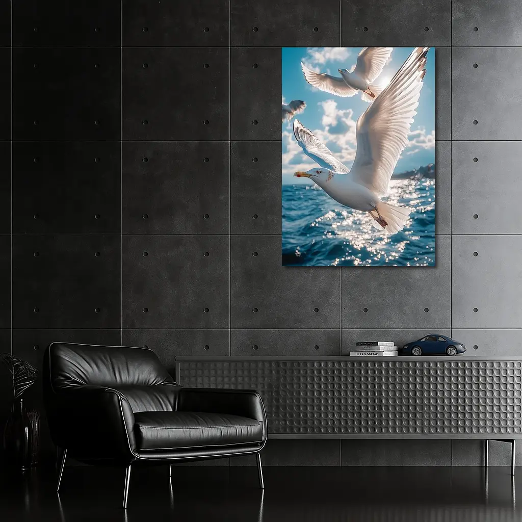 Seagulls Flying Over Sparkling Blue Ocean – Wall Art