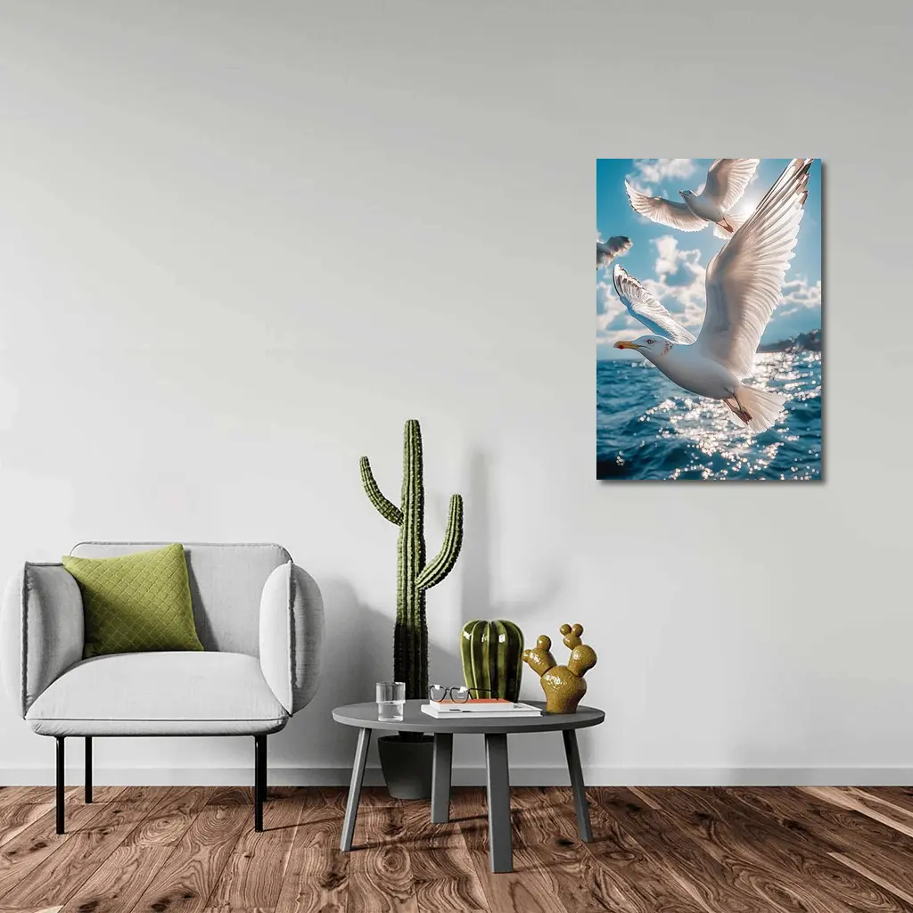 Seagulls Flying Over Sparkling Blue Ocean – Wall Art