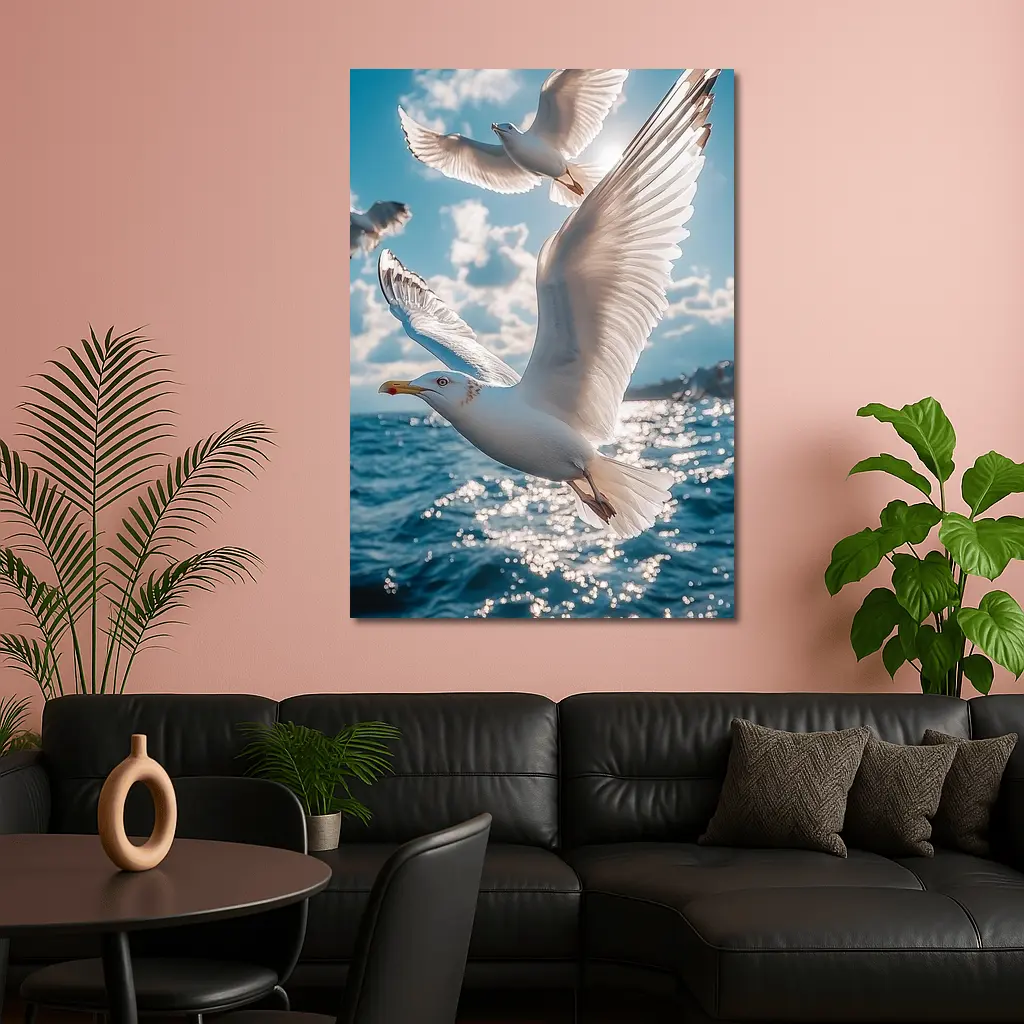 Seagulls Flying Over Sparkling Blue Ocean – Wall Art